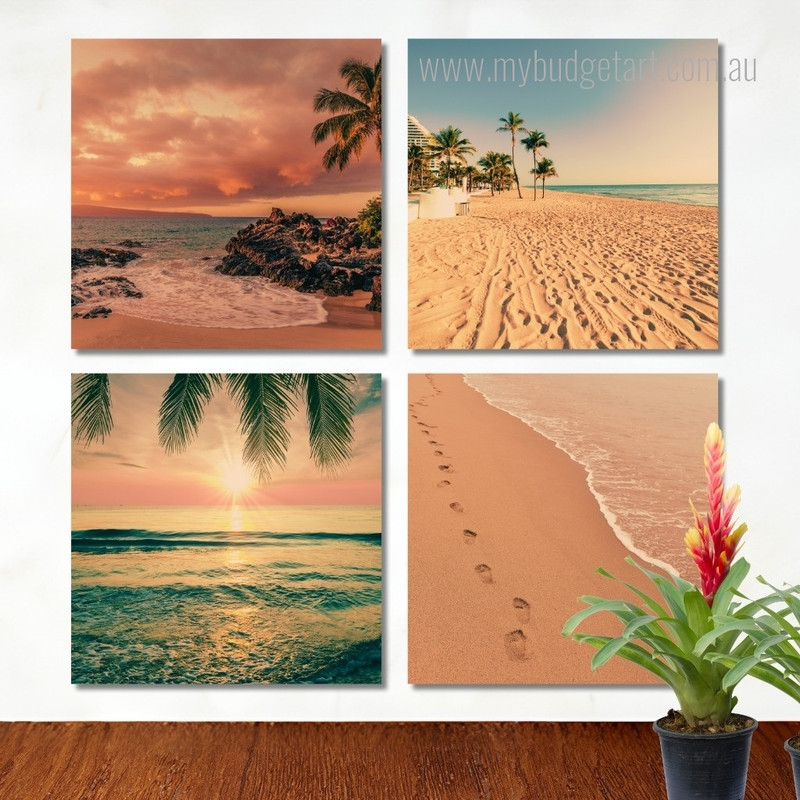 Tropical Beach Asia Landscape Modern Stretched Painting Photo 4 Piece Wall Art Framed Canvas Prints Set For Room Decor
